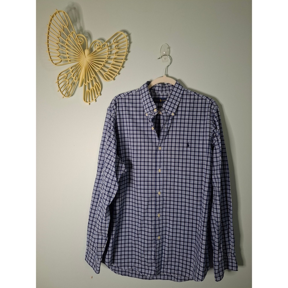 Ralph Lauren Mens Large Blue White Plaid Long Sleeve Button Down Shirt